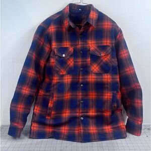 Men's Quilted Flannel Shirt Jacket Plaid Blue & Orange Sz. L Pearl Snap Vintage